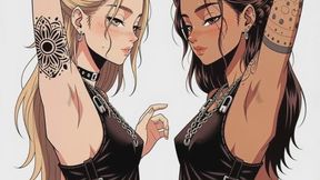 Tattooed lesbian anime manga girls smell each others armpits and kiss each other