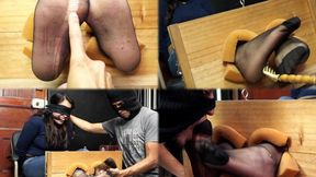 Blindfolded, gagged and tickled, Sofia's ripped nylons in the stocks! - MOV