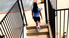 Tattooed soccer babe eats huge cock after practice