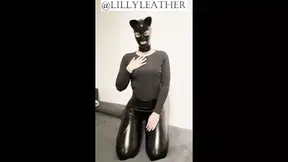 Latex girl masturbation in leather leggings with dildo