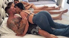 Two latina chicks enjoy a group fuck with two big cock studs