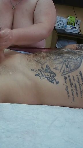 mother-in-law massages cock with balls and plays with sperm   Clip 1
