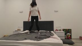 Nastya jumps hard on an expensive bed in dirty sneakers, walks on the bed, and also in sharp heels, crushes pillows, jumping, foot fetish, dirty shoes, new mattress, jumping, legs, fetish, crush fetish, jumping on the bed jumping on