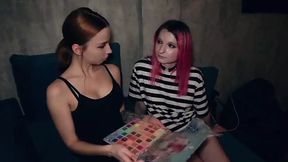 Red-haired sissy gets teached how to give a proper blowjob by her friend