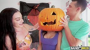 Carving Pumpkins With Her Stepson And Stepdaughter