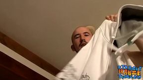 Two straight thugs stroke their long cocks and cum
