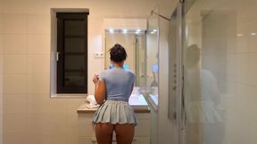 Petite Beauty Hot Brunette Babe in Shortest Miniskirt Takes Her Panties off to Flash Her Tight Pussy and Naked Ass