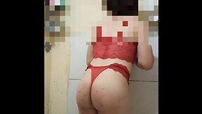 Red outfit, tight panties hugging the butt