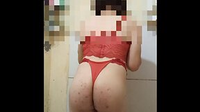 Red outfit, tight panties hugging the butt