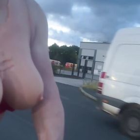 TV Slave Rides Naked on an E-scooter on an Industrial Estate