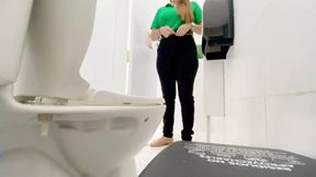 Amateur camera in public bathroom records clothes warehouse employee