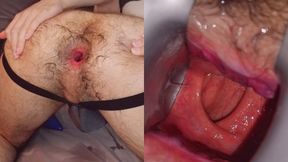 Hairy and gaped wide - inside view though speculum and noisy hole gape