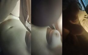 Cute femboy caught jerking off her big tits alone