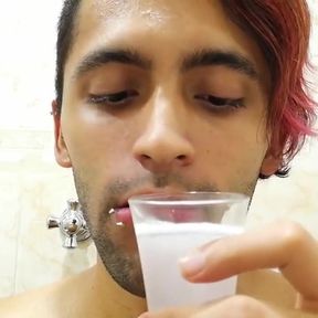 Filling a glass with spit and jerking off with it untill I cum and drink my cum.