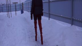 Alla walks in the ice and snow in red glossy over the knee boots with extremely high heels in the bitter cold!!!