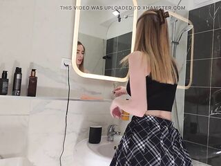 Amazingly Charming Hawt and Excited Long Legs Cute College Hotty with a Miniskirt in the Baths Takes off Her Cotton Panties