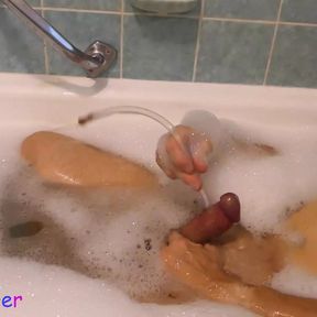 Shaving, cock play and cumming with a limp cock in the bathtub