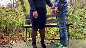 My perverted mother-in-law gets my cum in the park on a bench