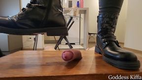 no mercy hard cbt on table - squeezing slave cock with combat boots - goddess kiffa - cbt - boots - cock trample - foot domination - foot humiliation - cock squeeze - cbt table - femdom -