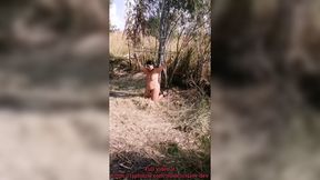 Devska is fixed to a post in the woods and ordered to drink pee to satisfy her thirst