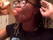 Tranny sucks a 5 inch dildo