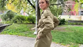 Wife flashes her hubby and friend under her trench coat, teasing their desires.