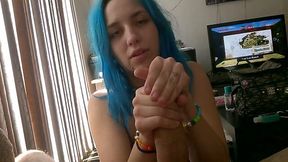 Blue haired playful and happy chick of mine wanked my strong dick