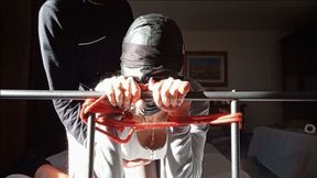 Bound in a bed I have all my holes roughly fucked by a big cock front view