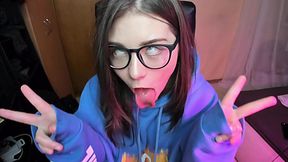 Hold The Moan. Cam Teen w Glasses Quietly Sucks Big Dildo