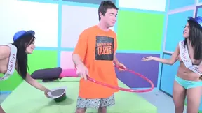 Wild blowjob party with three stunning babes and a huge cock