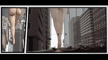 naked giantess walking through city