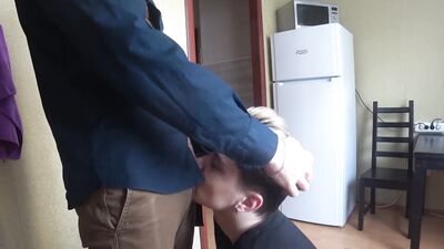 Russian guy sucks his neighbor in the kitchen and eats his cum for breakfast