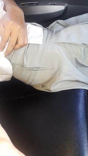 Asian Crossdresser Cum Wearing Grey *** Uniform