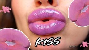 Wet violet glossy kiss close up