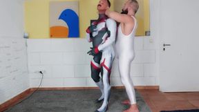 Muscle Man Tries On Spandex Cosplay Suit With The Help Of His Muscle Daddy