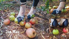 Chinese Girl Trampling a Basket of Apples under Sexy High Heels