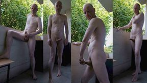 Man outside on balcony stood naked he wanks his erect uncut cock horny for everyone to see his hard wanker penis