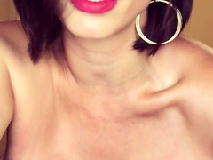 Busty curly brunette with big boobs fucks on couch