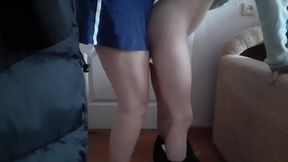 Hot chestnut-haired in mini-skirt gets railed doggy-style with a bottle