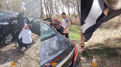 Threesome in a public park in front of passers-by