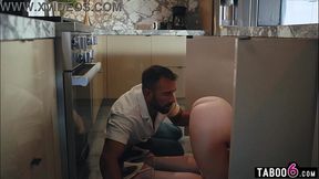 Stepbro fucking his stuck sister-in-law under the sink - milf style