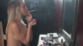 Chloe Toy smoking all white 120s while doing her makeup