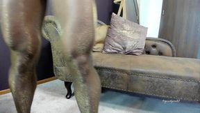 ShinyGoldPantyhoseAndBlackHeels on Sofa