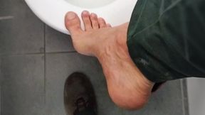 Extremely Sweaty Work Feet – Socks Peeled Off in Toilet Stall, Wet Soles Close-Up