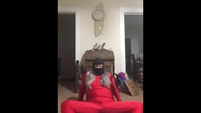 Yoga Resistance Band Wearing Red Spandex And Wig (sexual Edition)