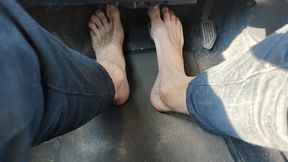 Driving barefoot with my long and skinny feet