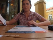 Making her cum her publicly with remote vibrator under the table