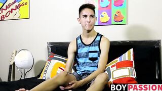 Interviewing sexy and cute twink Steven Peters while he faps