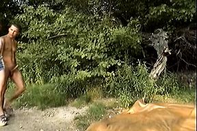 Hot redhead doll rides a big cock in the forest