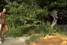 Hot redhead doll rides a big cock in the forest